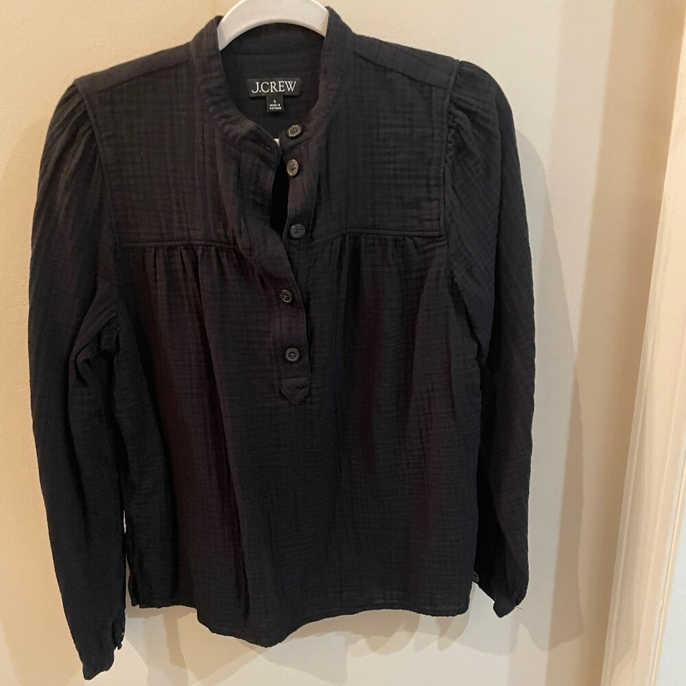 J.Crew Black Textured Popover Blouse Long Sleeve Button Front Size M